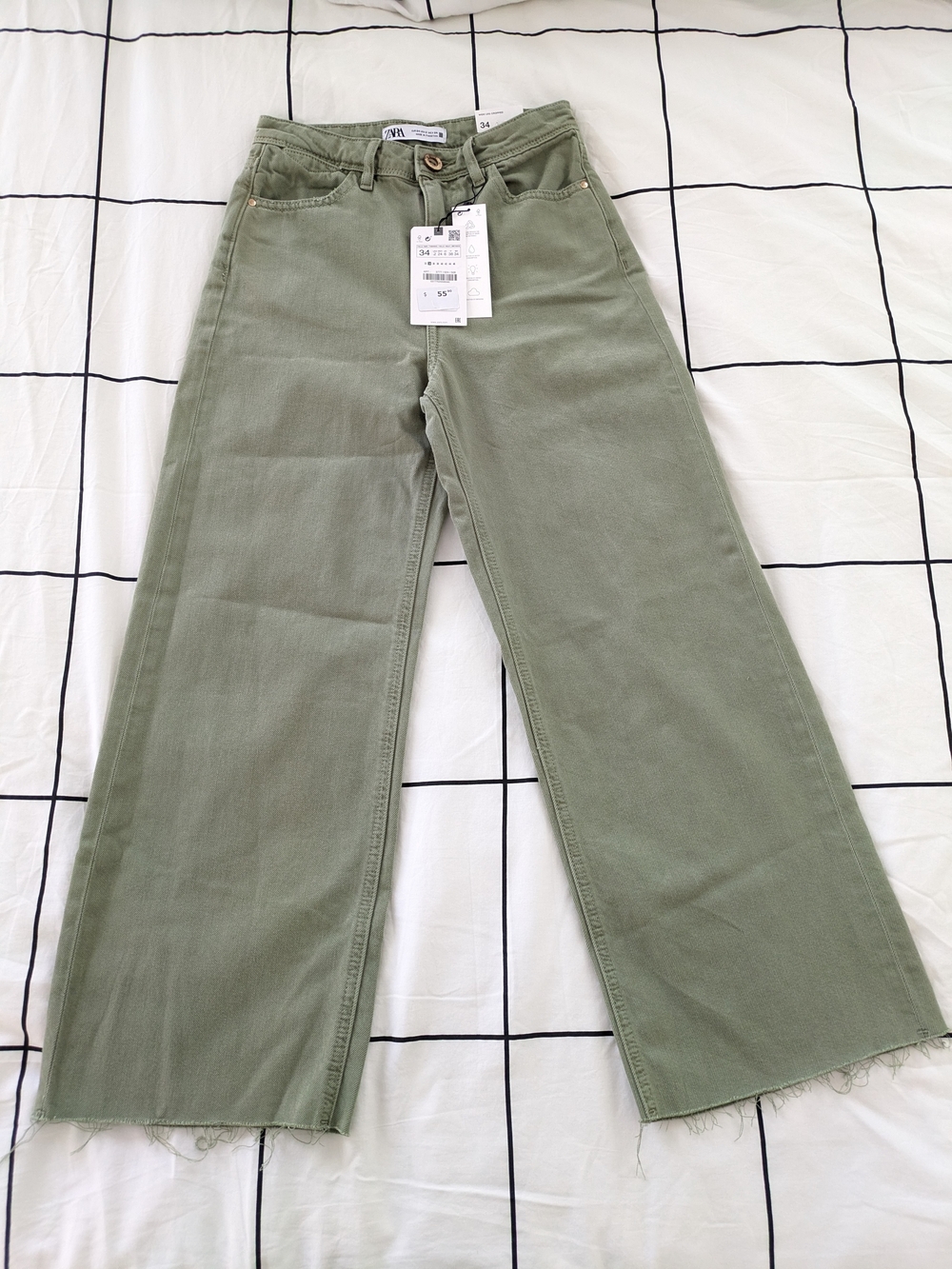 Zara Olive High-Rise Wide-Leg Crop Jeans